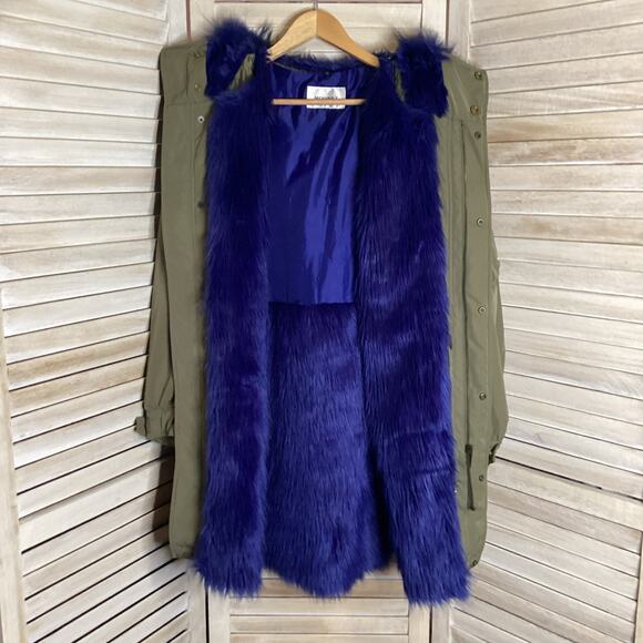 Moussy NoBorder Olive Green Blue Fur Trim Graphic Surprise Heavy Parka 1 S - Picture 4 of 12
